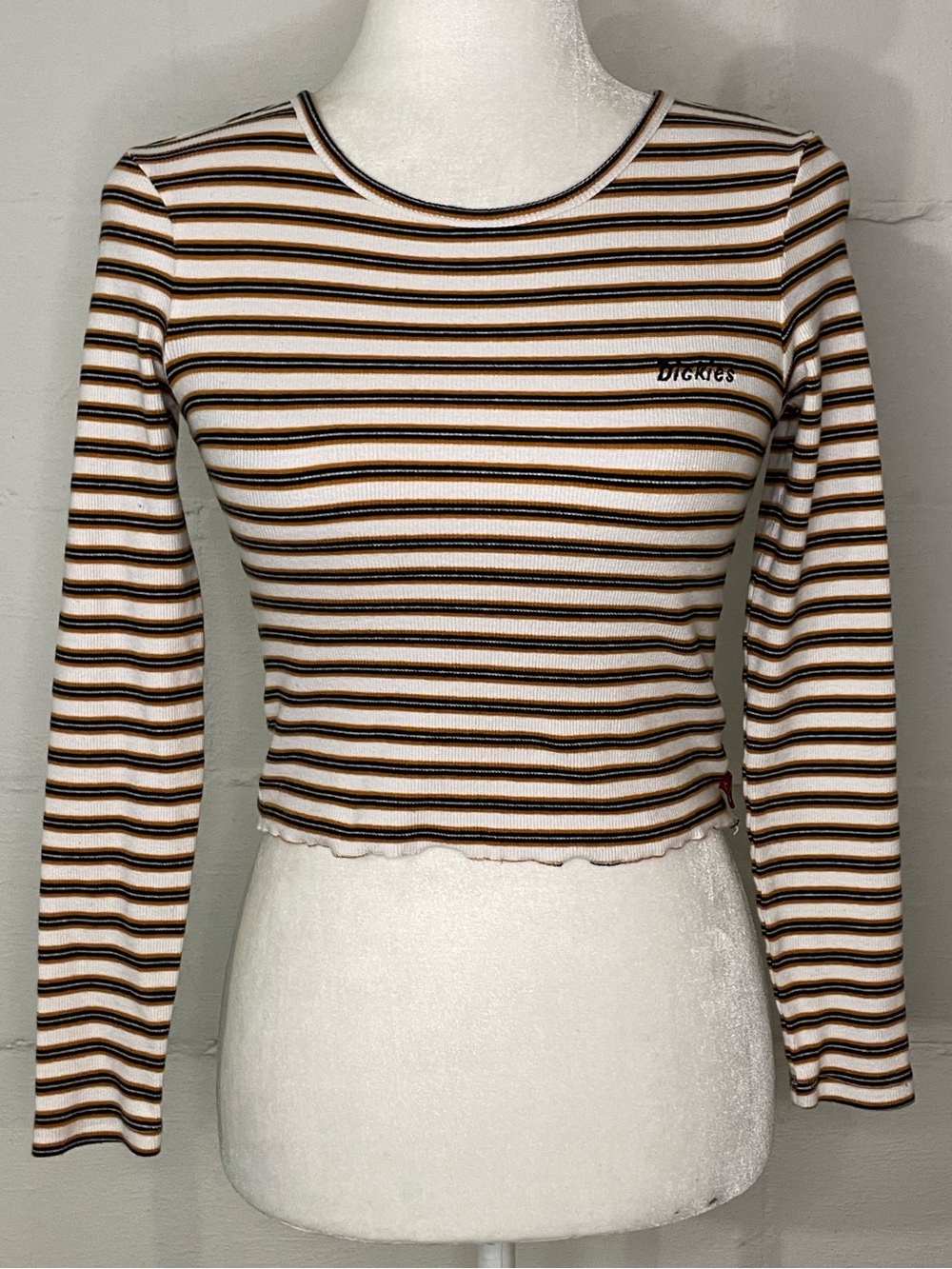 Dickies Women's Cropped Striped Long-Sleeve Tee in Brown, Cream, and Black